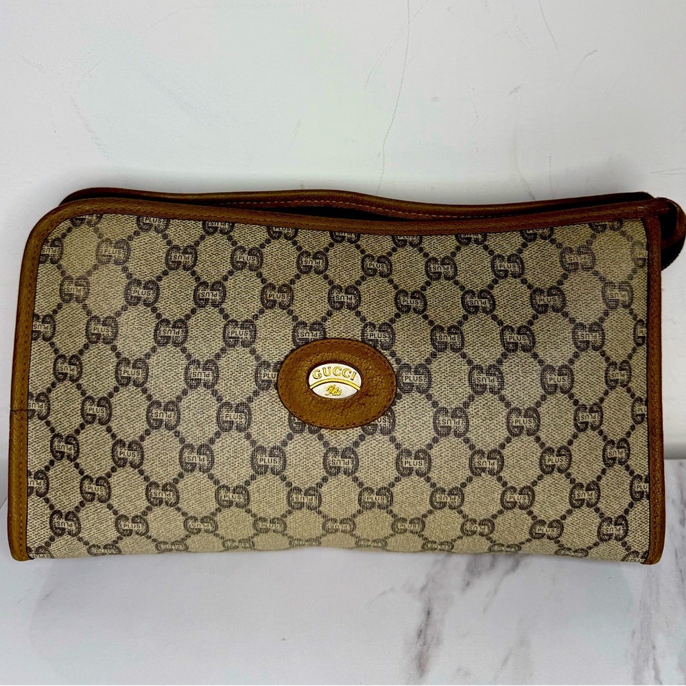VINTAGE GUCCI GG PLUS Monogram Large Leather and Canvas Clutch Bag.